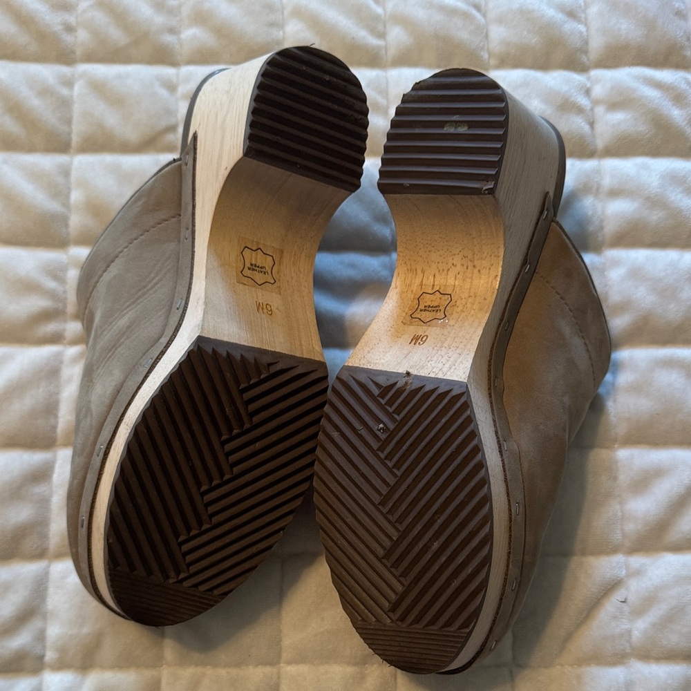 LOFT Taupe Suede Clog Mules with Wood‎ Heel - Picture 3 of 3